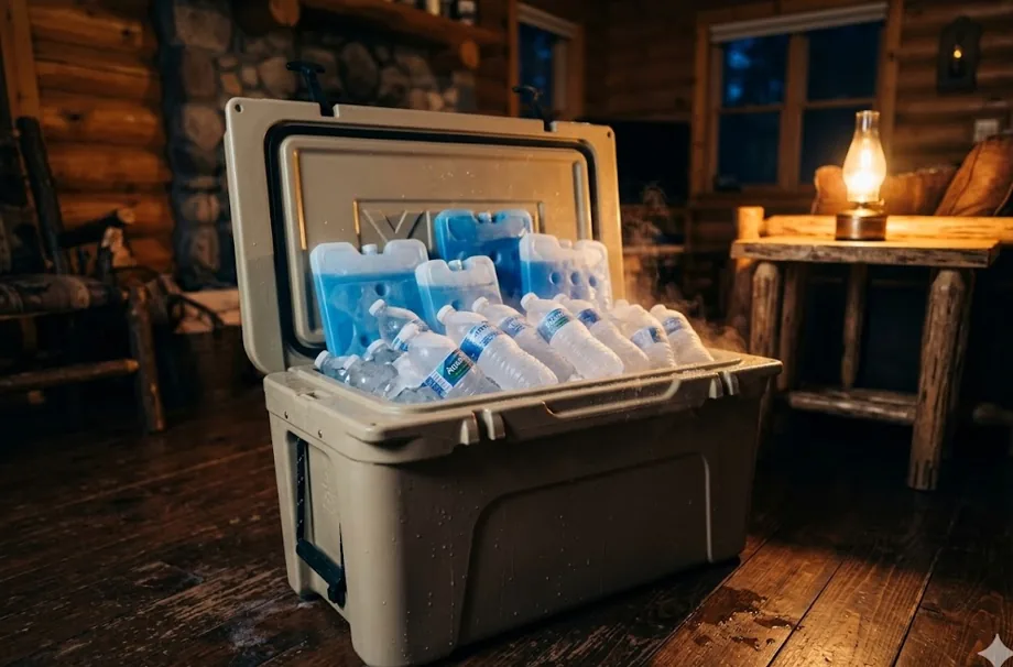 Heavy-duty cooler packed with gel ice packs and frozen water bottles