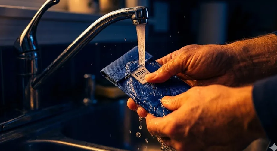Hands soaking a blue FRIO cooling wallet under a kitchen faucet to activate it