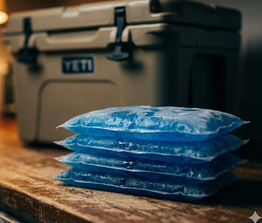 Stack of reusable blue gel ice packs ready for a heat wave