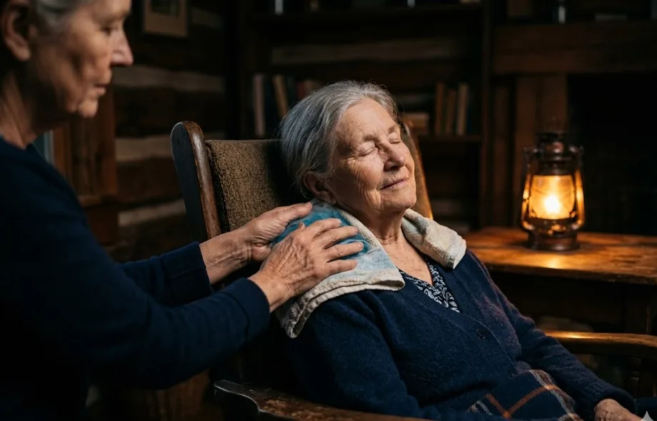 Caregiver placing a towel-wrapped gel ice pack on the back of an elderly woman's neck