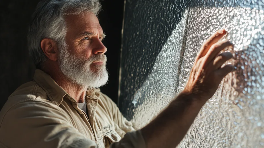 Close-up of reflective bubble-foil insulation fitted in a sunny window