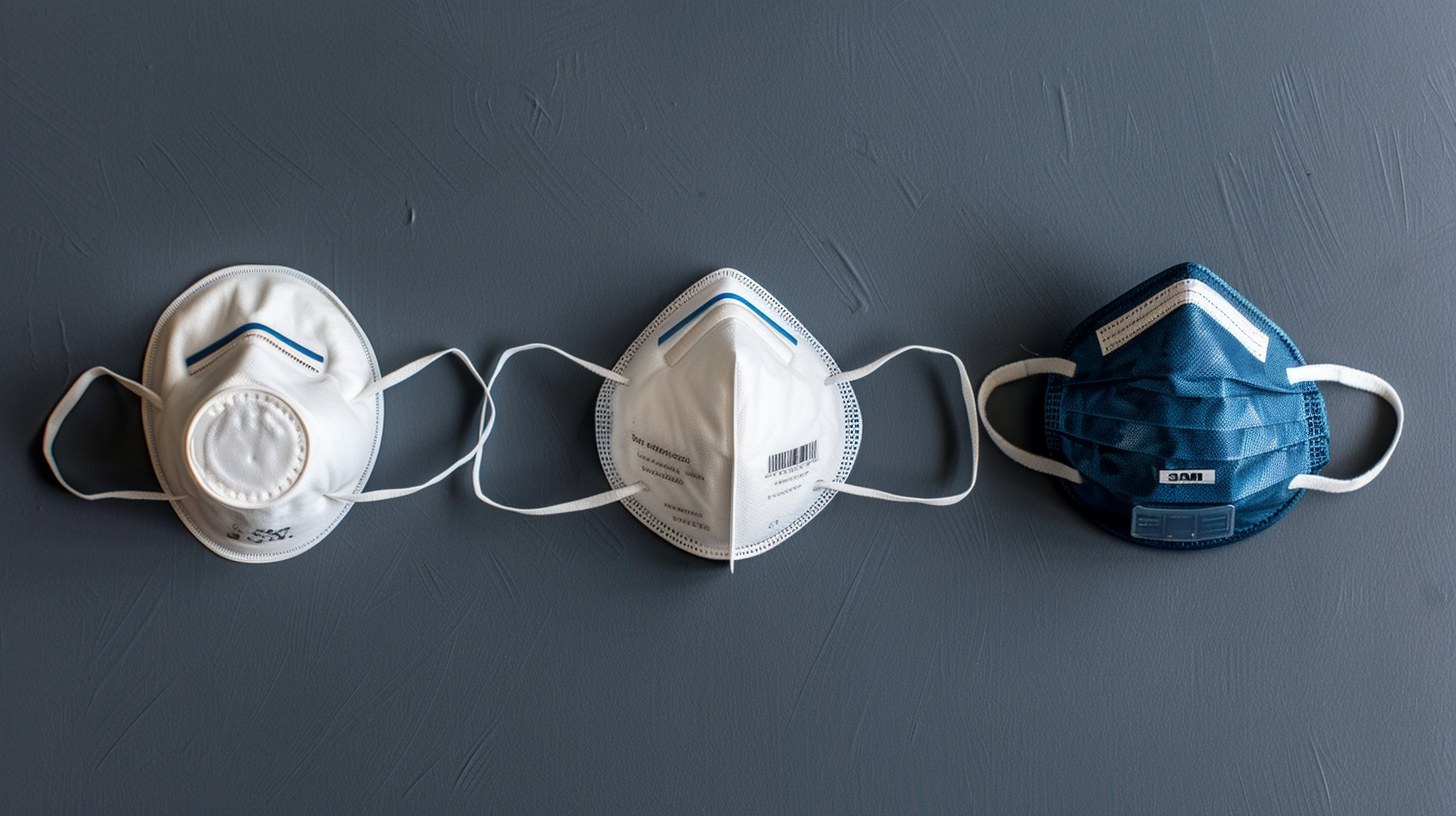 Three masks side by side: surgical mask (no protection), standard N95 cup (particle only), and N95 with valve (particle + some gas) — the three levels of hurricane cleanup respiratory protection