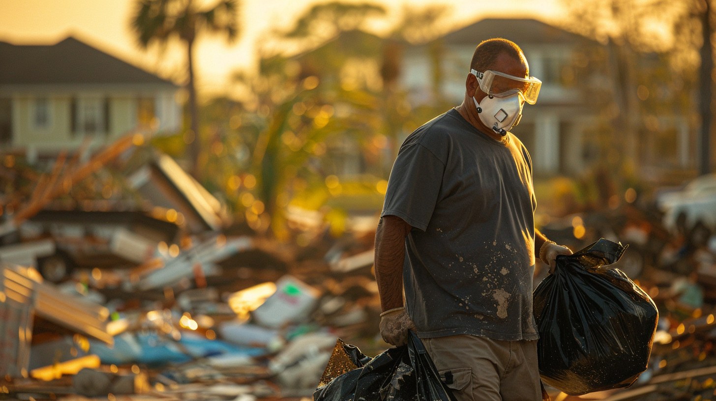 Florida homeowner wearing half-face respirator with organic vapor cartridges carrying two black contractor bags after hurricane in wet Florida neighborhood with palm trees