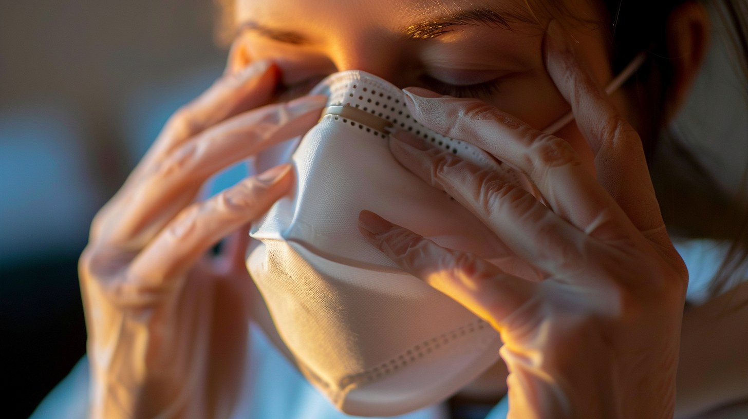 Person performing negative pressure seal check on N95 mask before hurricane cleanup — both hands cupped over mask checking for air leaks at nose and cheeks