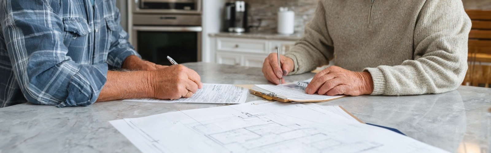 Contractor and homeowner reviewing shutter permit at kitchen counter