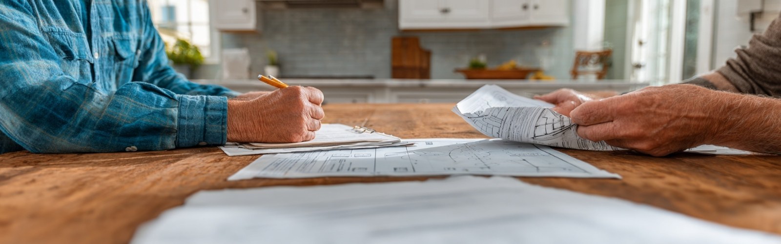 Contractor and homeowner reviewing permit and installation contract at kitchen counter