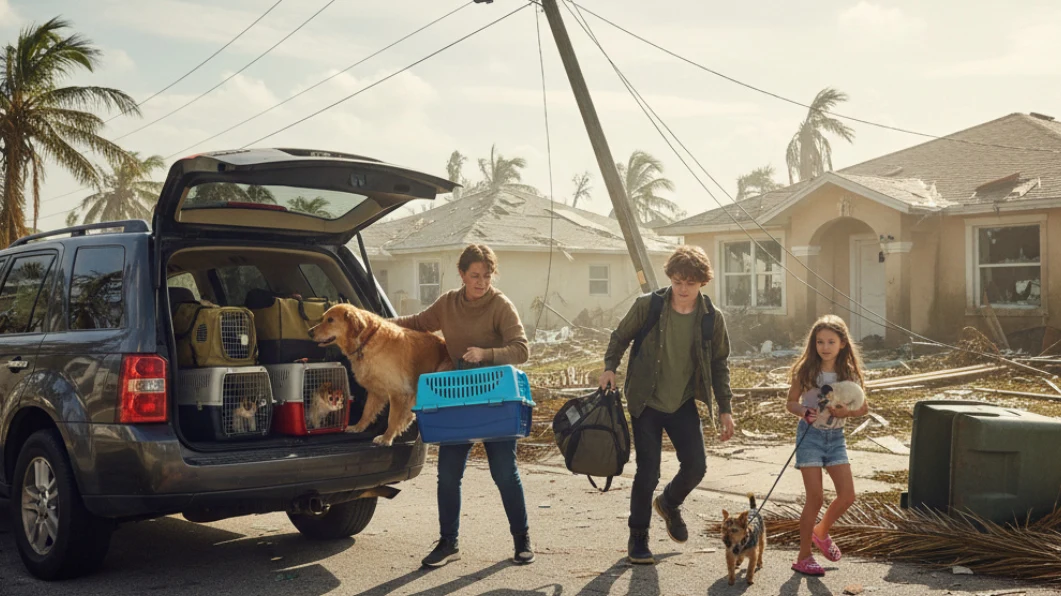 Family evacuating with multiple pet carriers, dogs, and supplies in hurricane-damaged Florida neighborhood