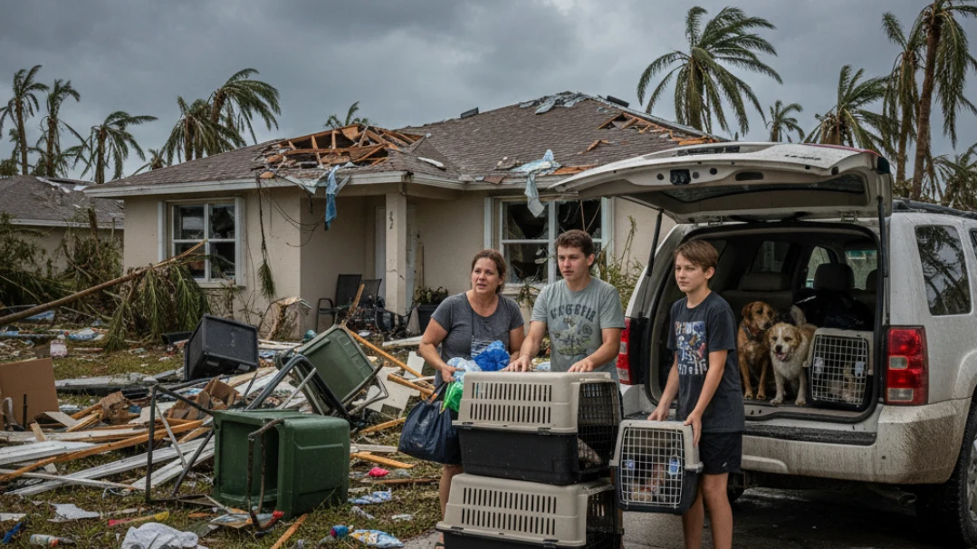 Family with golden retrievers and pet carriers evacuating Florida home after hurricane, damaged roof visible