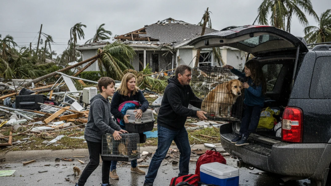 Florida family urgently loading pet carriers and dogs into SUV evacuating after hurricane damage
