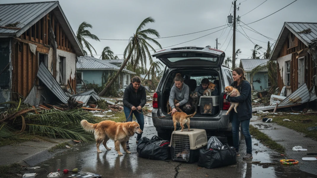 Volunteers helping rescue and evacuate multiple dogs from hurricane-damaged Florida neighborhood