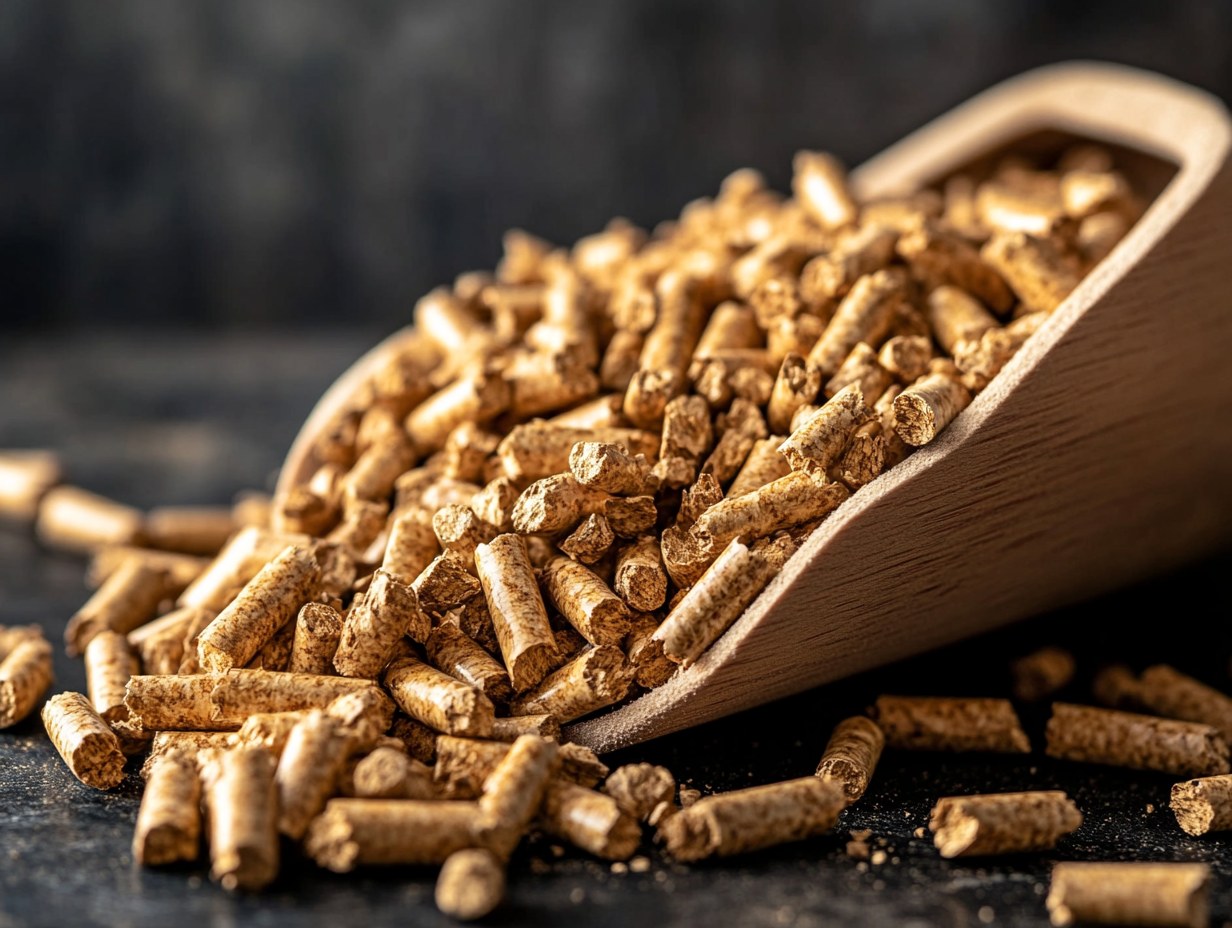 Pine pellets spilling from a metal container showing texture and color