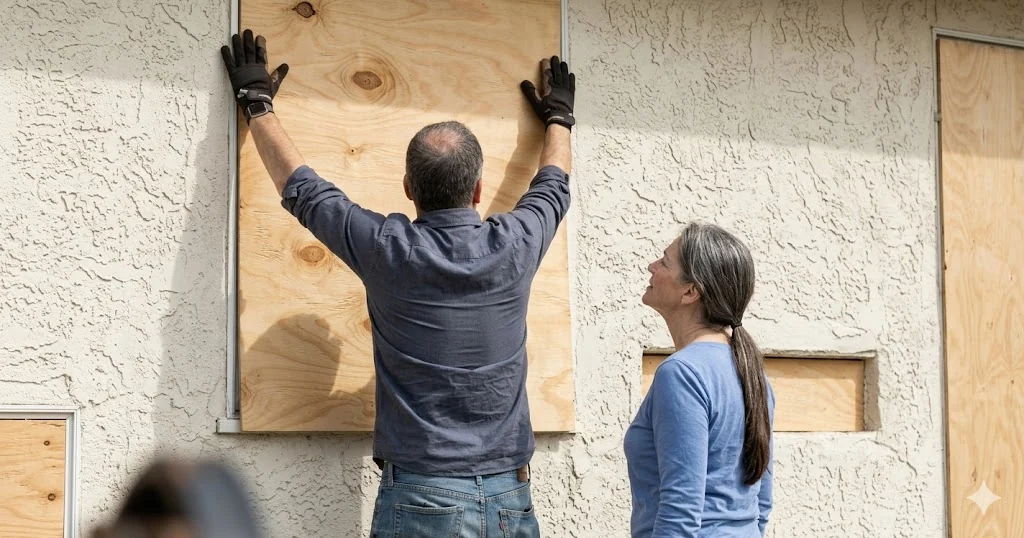 Florida homeowners positioning plywood panel against stucco wall before hurricane