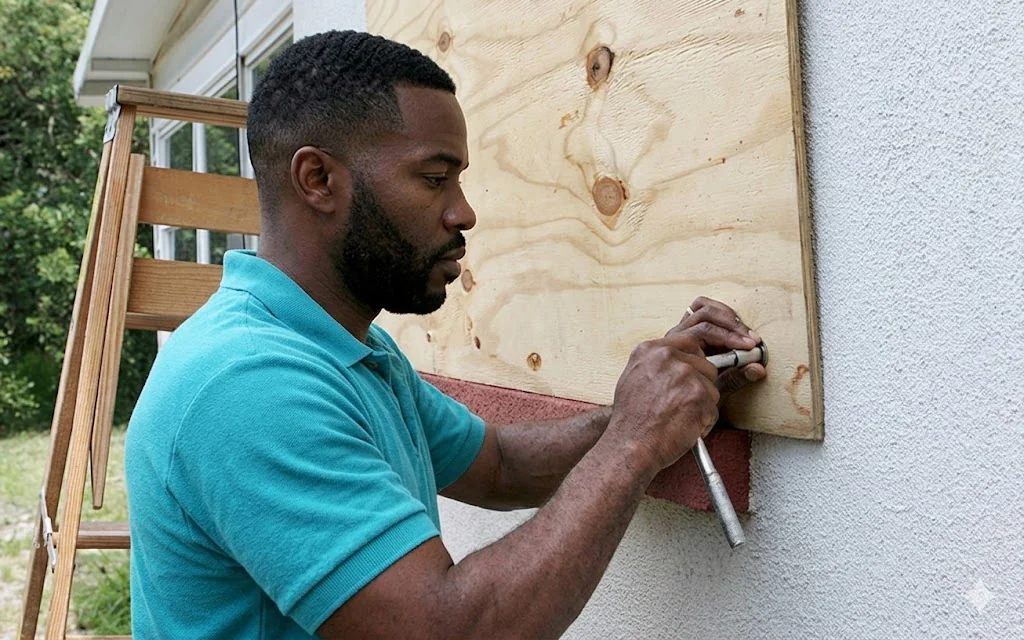 Homeowner marking anchor hole positions on plywood panel held against stucco wall
