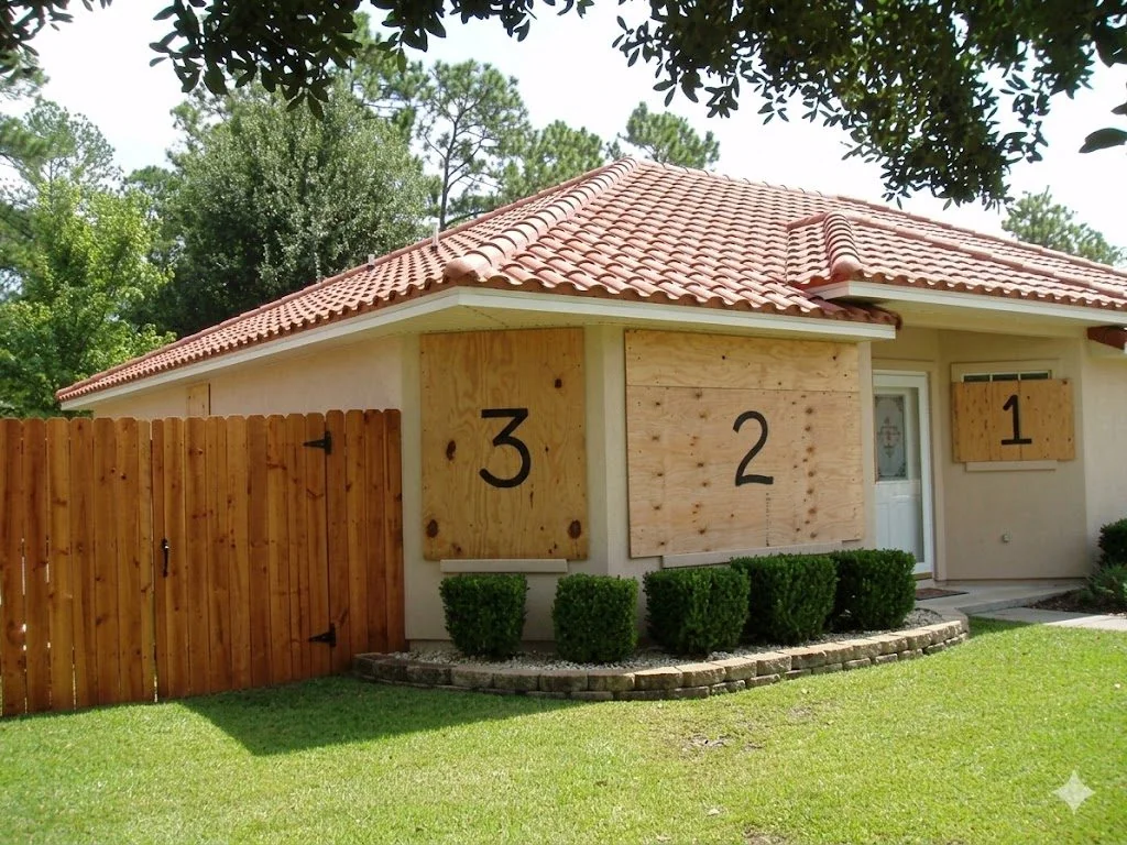 Florida stucco home with three numbered plywood hurricane panels installed — large black numbers 1 2 3 on each panel showing organized labeling system