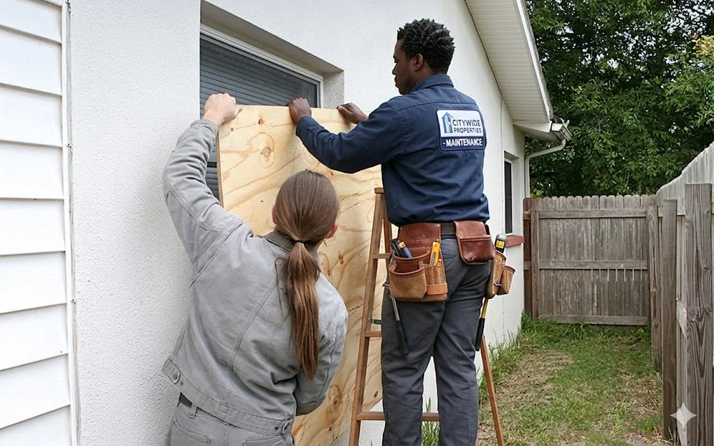 Two-person team lifting plywood panel into position against window