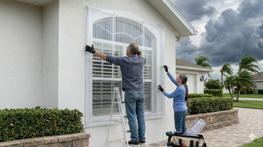 Florida couple installing clear polycarbonate hurricane panels on home windows before an approaching storm