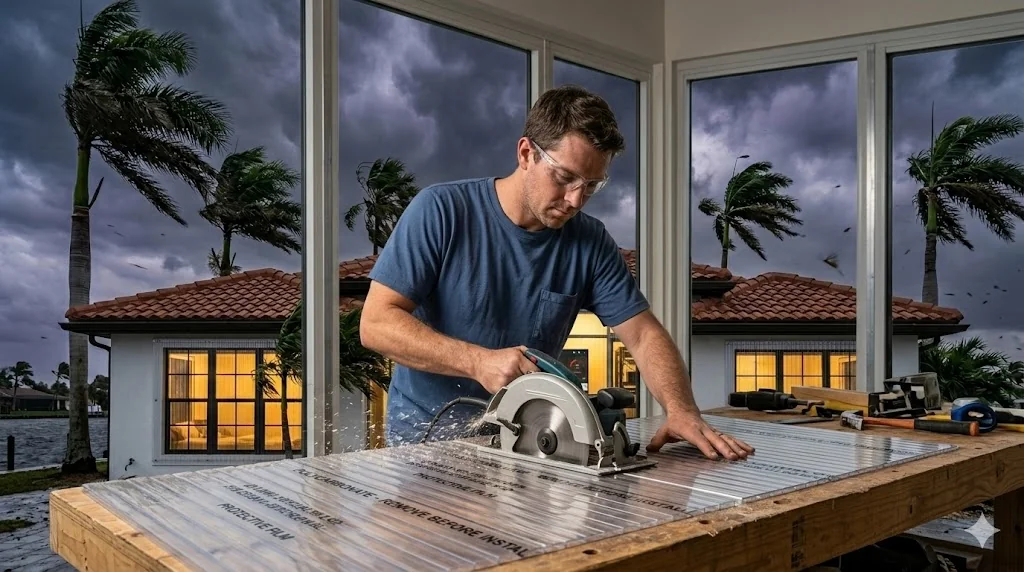 Homeowner cutting clear polycarbonate sheet with circular saw, protective film on panel, fine-tooth blade, storm approaching in background outside windows