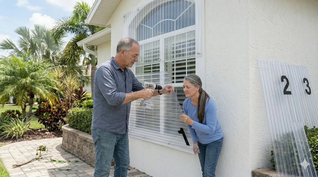 Florida couple using cordless drill to install polycarbonate hurricane panels numbered 1 2 3 on white stucco Florida home exterior