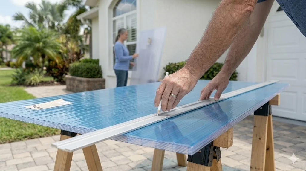 Close-up of homeowner marking straight cut line on clear polycarbonate hurricane panel with grease pencil along aluminum straight-edge guide clamped to panel on sawhorses