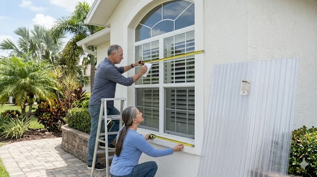 Florida couple measuring window width with tape measure, polycarbonate panel leaning against wall, one person on ladder reading measurement