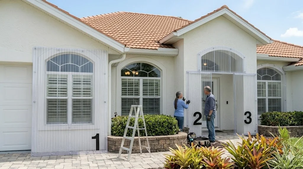 Florida home with three clear polycarbonate hurricane panels installed and numbered 1 2 3 in large black paint marker