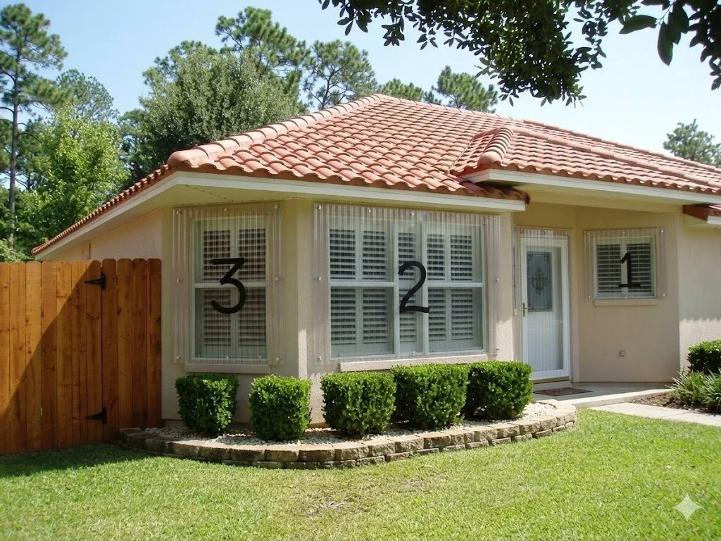 Real Florida home with actual polycarbonate hurricane panels numbered 1 2 3 installed over windows — you can see the shutters through the transparent panels, terracotta tile roof, stucco exterior