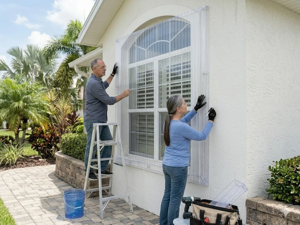 Florida couple installing clear polycarbonate hurricane panel on arched window — man on ladder securing upper fasteners while woman holds panel and drives lower fasteners
