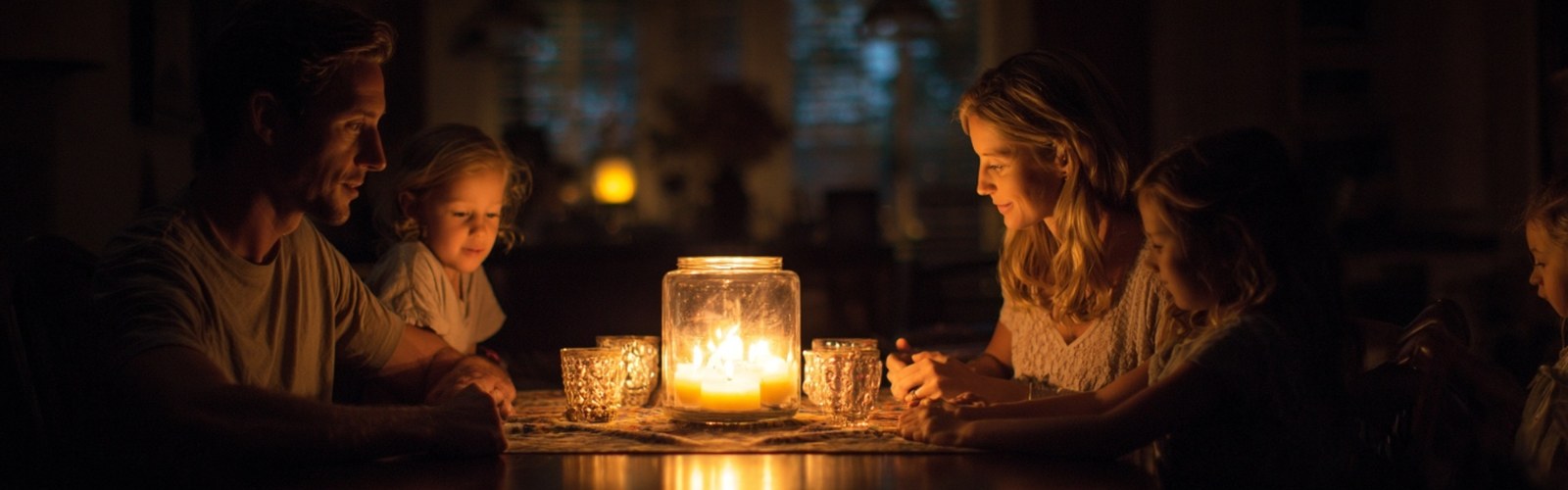 Family gathered at kitchen table by candlelight during hurricane power outage