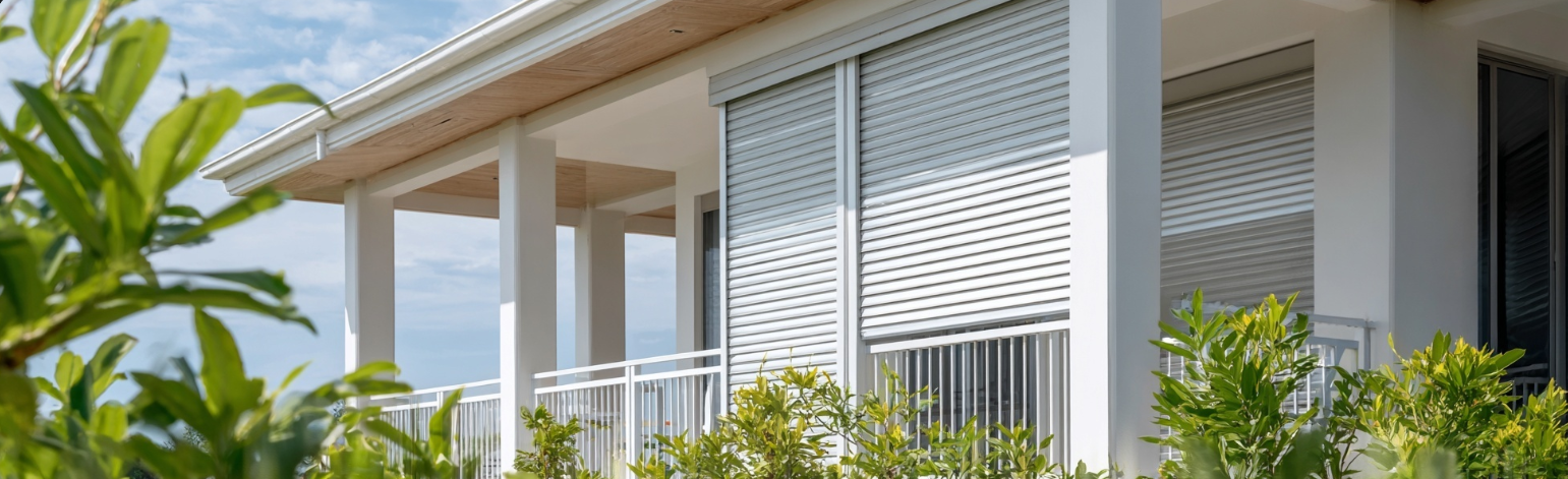 Roll-down hurricane shutters protecting a second-floor balcony on a Florida home
