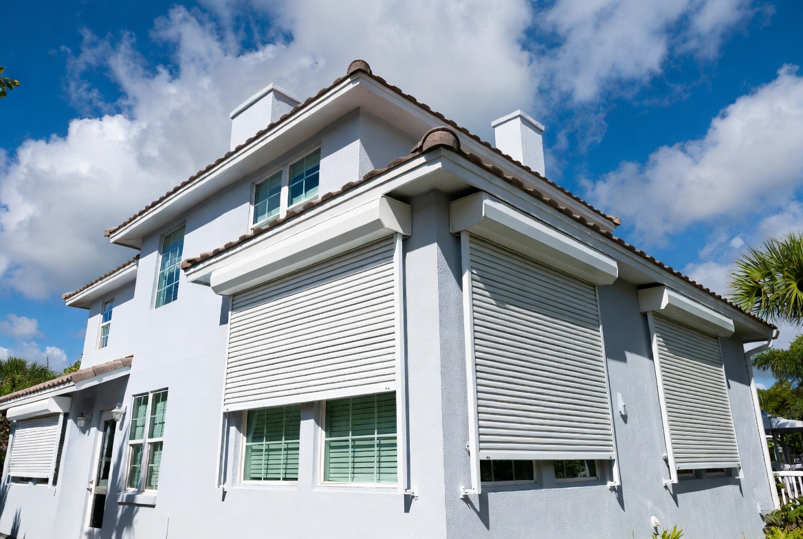 Roll-down hurricane shutters on Florida home