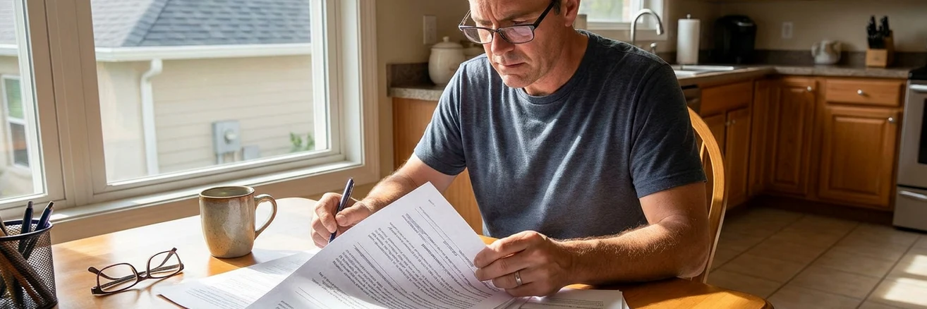 Homeowner carefully reviewing roofing agreement and contract before signing
