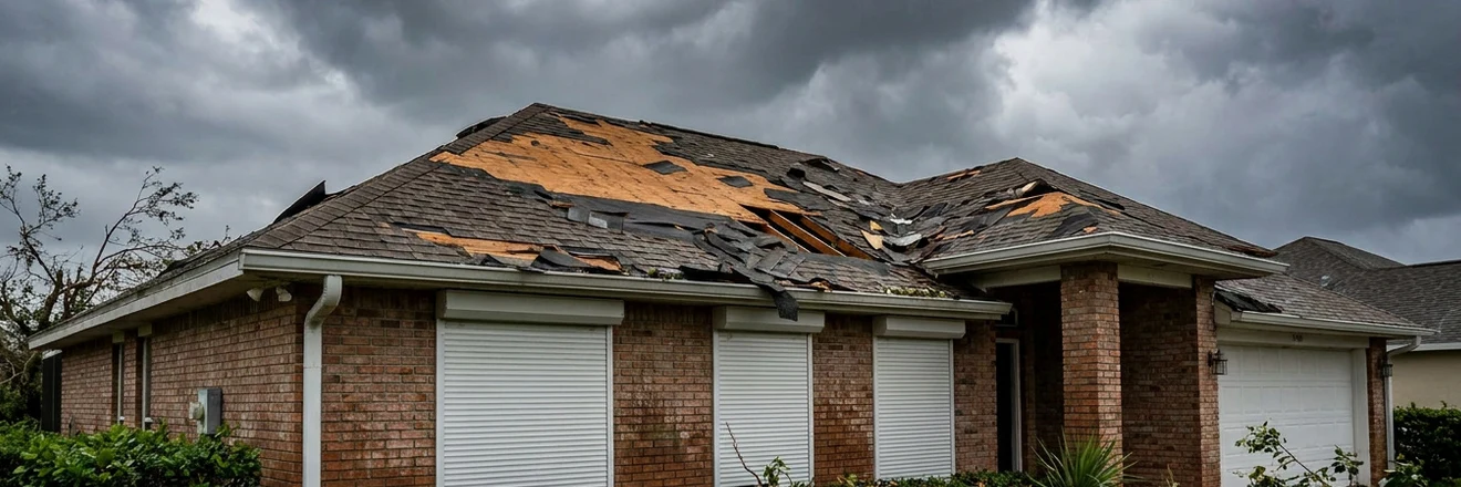 Hurricane damaged roof with missing shingles and exposed decking