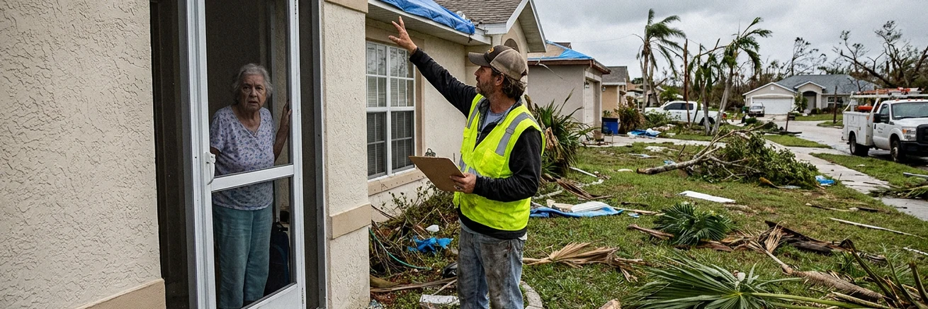 Contractor with clipboard discussing roofing work with Florida homeowner after hurricane