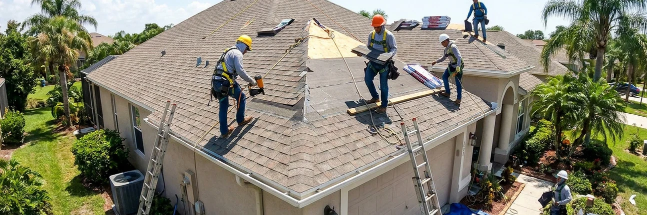 Licensed roofing crew with safety harnesses on Florida home after storm damage