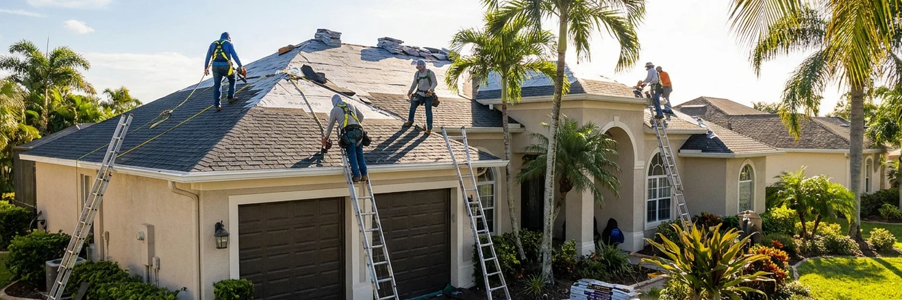 Professional roofing crew completing hurricane roof repair on Florida home