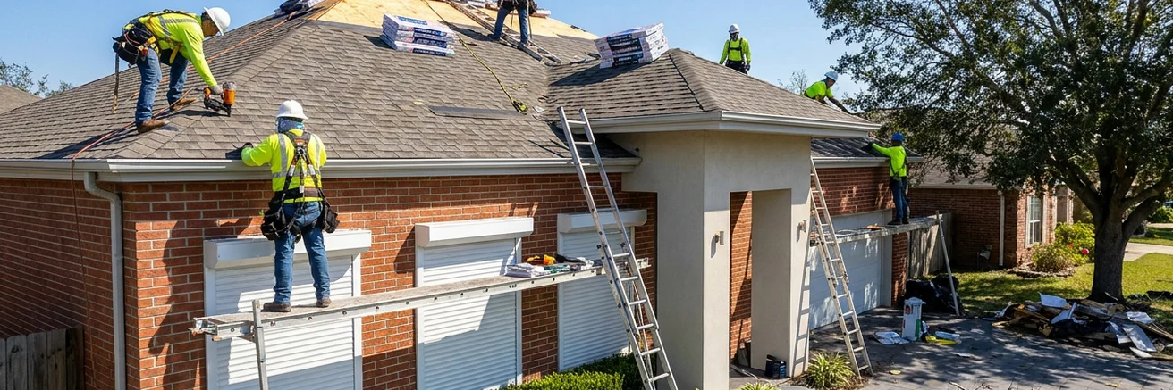 Licensed professional roofing crew in safety gear replacing roof after hurricane
