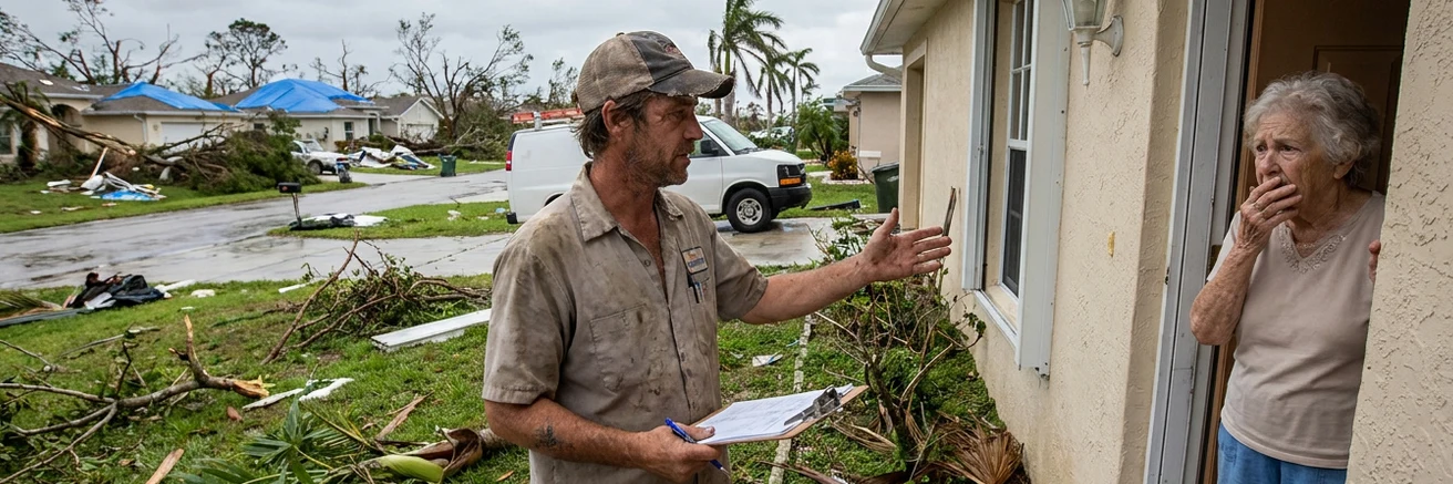 Florida neighborhood after hurricane with storm chasers soliciting elderly homeowners
