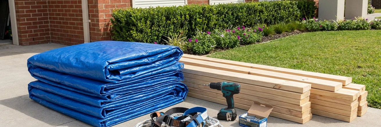 Emergency roof tarping supplies: tarp, lumber, drill, safety harness and gloves