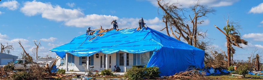 Roof tarping crew on large hurricane damaged Florida home