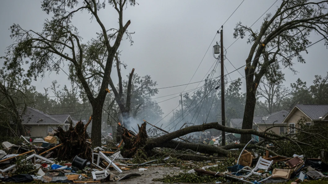 Florida street completely blocked by downed trees and smoking debris after major hurricane
