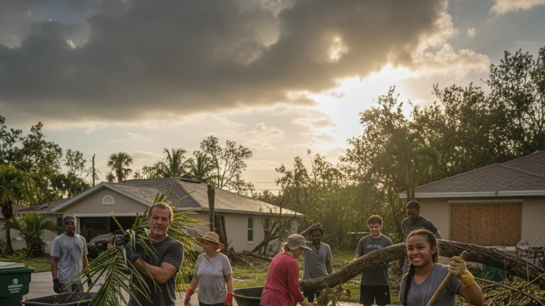 Florida neighbors working together clearing hurricane debris as community in golden evening light
