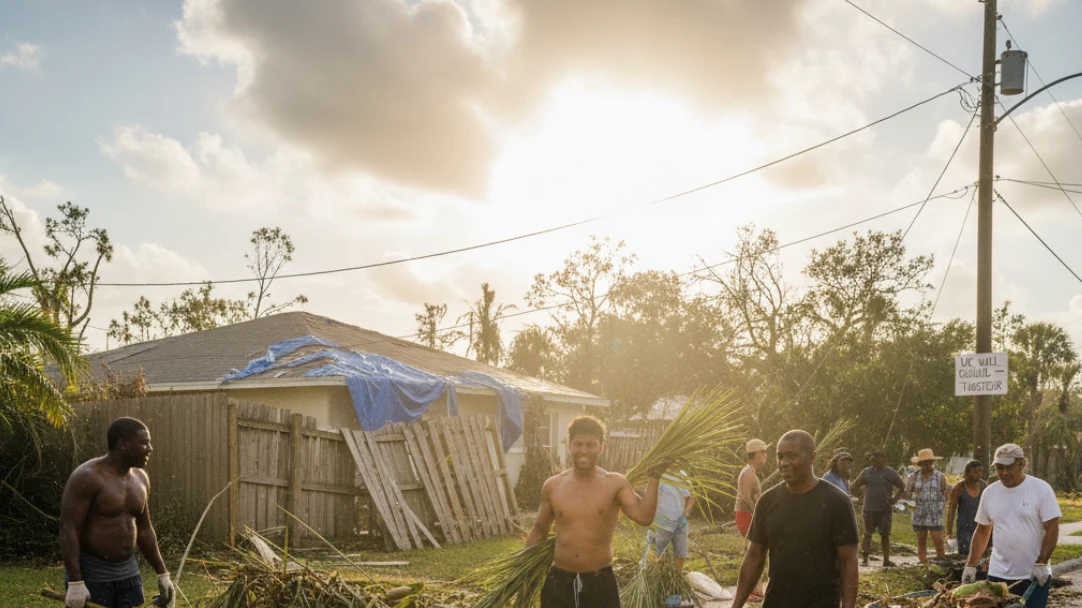 Community members with wheelbarrows clearing hurricane debris from Florida neighborhood street