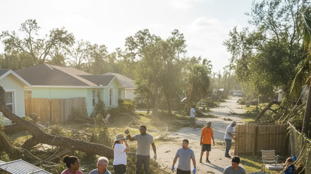 Wide view of Florida neighborhood community cleanup crew working together after hurricane