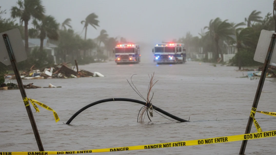 Downed power line in flooded Florida street with danger tape and emergency vehicles in background