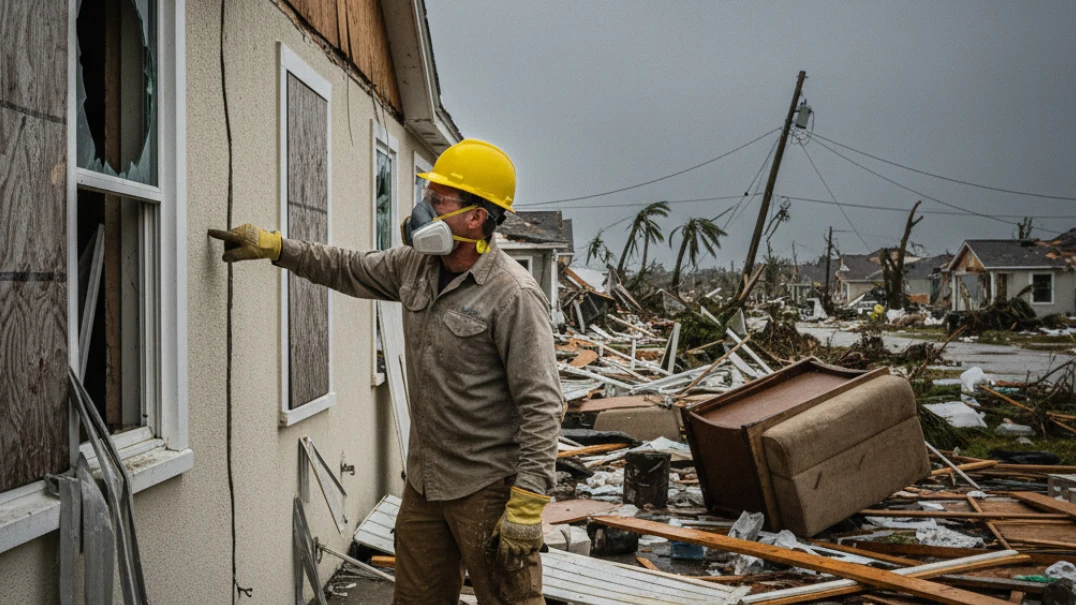 Homeowner in hard hat respirator and safety glasses carefully inspecting hurricane damaged home exterior