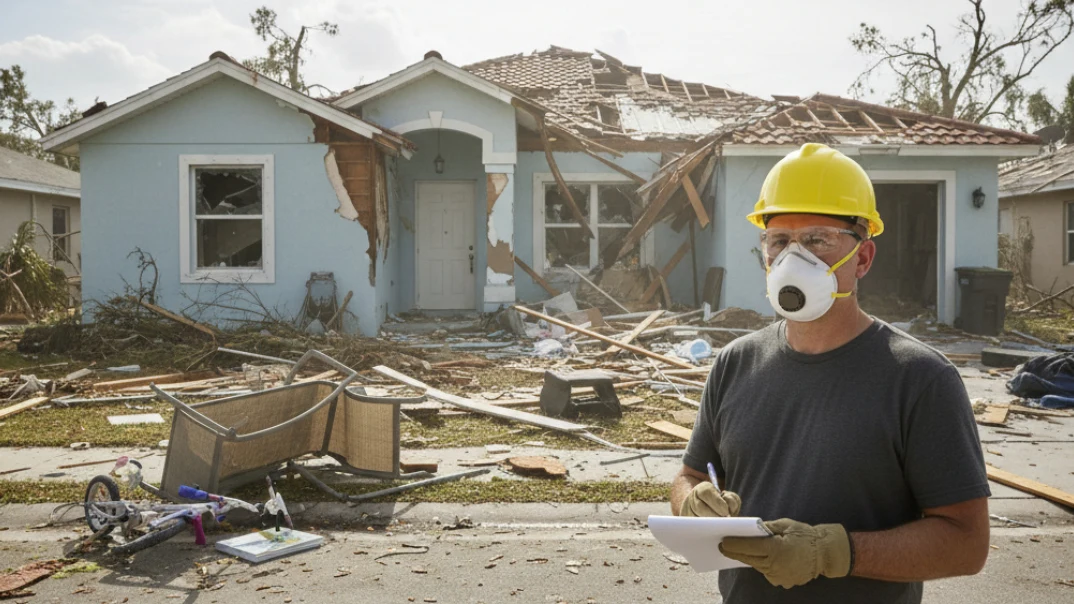 Homeowner in full PPE hard hat respirator mask gloves assessing hurricane damage in front of destroyed Florida home