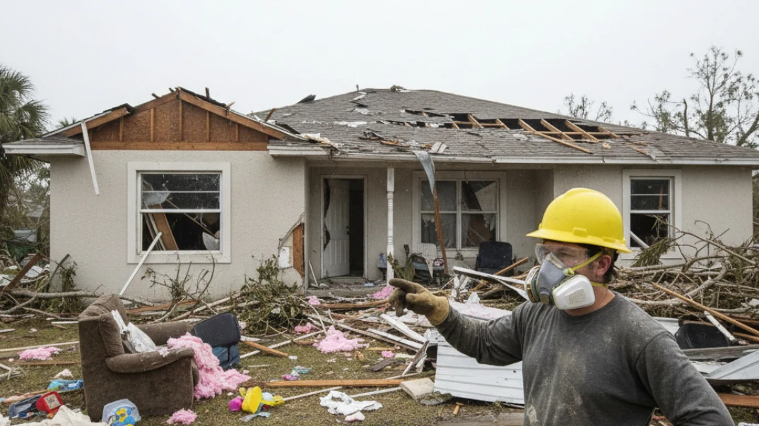 Homeowner in hard hat and respirator assessing hurricane structural damage, debris-filled yard behind him
