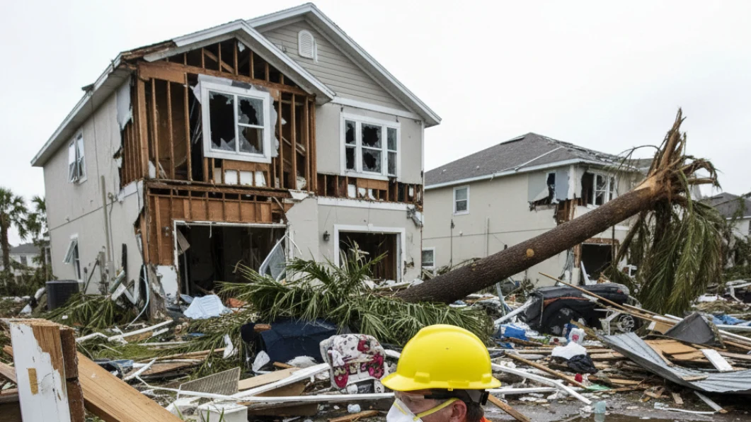 Worker in full PPE hard hat respirator gloves hi-vis vest clearing hurricane debris from destroyed Florida home