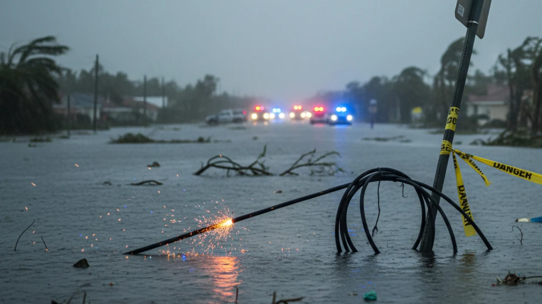 Live sparking power line in flooded street with danger tape, fire trucks responding in distance