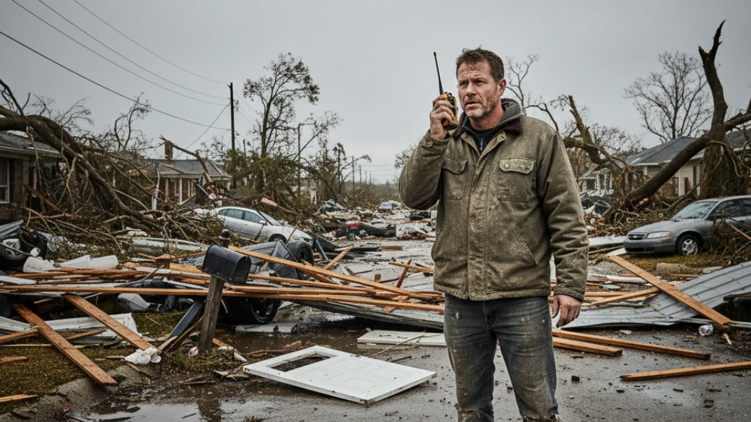 Man using FRS walkie talkie radio to communicate with neighbors in hurricane destroyed neighborhood